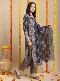 Anni Designer Women'S Rayon Blend Straight Printed Kurta With Pant & Dupatta (Alaya Navy Blue-Vks01_Xl_Navy Blue_X-Large),Navy Blue,XL,,,