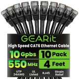 GearIT Cat 6 Ethernet Cable Pack - 10-Pack 4 ft Cat6 Ethernet Patch Cables | RJ45 Network Patch Cable, 10 Gbps Snagless Gold-Pla