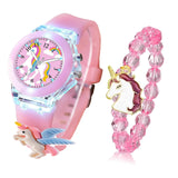 Oculus 3D Cartoon Unicorn Silicone Strap Analog Watch And Bracelet Set For Children Kids Baby Girls, Pink Crystal Beaded Charm B
