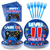 Grencian 96Pcs 11th Birthday Decorations for Boys Blue Video Game 11th Birthday Plates Disposable Paper Tableware Set for Kids B