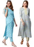 Gosriki Women'S Cotton Blend Printed Straight Kurta With Pant Pack Of 2 (Combo-Kidya-Mikaa-Gs_S_Multi_Small) Multicolour,Multicolour,,B0CM9JP79T