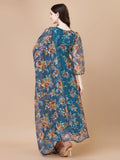Women Floral Print Anarkali Kurta With Pant And Dupatta (Krt547) (Large Blue),Blue,L,Organza,Anarkali,Kurta, Scarf