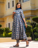 Gosriki Women'S Rayon Blend Bagru Printed Anarkali Kurta With Pant & Dupatta (Sukhkarni-Blue-Gs_S_Blue_Small),Blue,,B0D1V2HM43