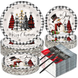 GOLDGAO 200 PCS Christmas Paper Plates Napkins Party Set Buffalo Plaid Xmas Tree Snowman Dinnerware Plate and Napkin Sets for Xm