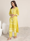 Yellow Floral Woven Design Straight Kurta & Wide Leg Solid Trouser With Woven Dupatta Yellow M