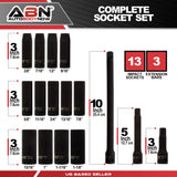 Abn Impact Socket Set - 17 Piece 1/2 Inch Deep Impact Driver Sockets And Extension Bars, 6 Point Sae Socket Set