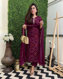 Anni Designer Women'S Rayon Blend Floral Straight Kurta With Pant & Dupatta (Turae-Red-G8S_Wine_Medium),Wine,M,Rayon Blend,Regular,