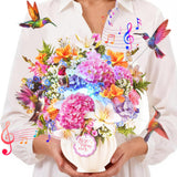 Pop Up Mothers Day Card with Music & Lights, 3D Pull-Out Flying Hummingbird Flower Bouquet Greeting Card, Elegant Floral Mom Kee