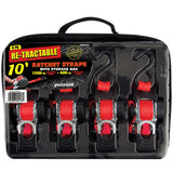 Erickson 04418 Pro Series Red 1 x 10 Retractable Ratcheting TieDown Strap, (Storage Bag of 4, 1200 lb Load Capacity)