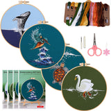 COCOMOX 4 Sets Embroidery Kit for Beginners, Hand Embroidery Stiches Practice Kit for Adults, Dolphin Swan Turtle Hummingbird Pa