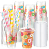 meekoo 50 Sets Donut Cup with Flat Lids and Straws 12 oz Doughnut Sprinkle Plastic Cups Clear Drink Disposable Cups with Lids fo
