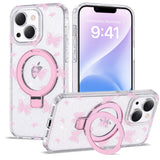 ETPESOK Compatible with iPhone 14 Plus Case Clear Pink Butterfly Pattern Design with Magnetic Ring Stand [Compatible with Mag-Sa