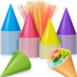 Boao 100 Pieces Snow Cone Cups 4.5 OZ Leakproof Cone Paper Cups Matching 100 Pieces Spoon Straws for Snow Cone Syrups Slush Shav