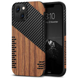 TENDLIN Compatible with iPhone 13 Case Wood Grain with Carbon Fiber Texture Design Leather Hybrid Slim Case (Twill)