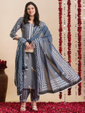 Anni Designer Women'S Rayon Blend Straight Hand Block Printed Kurta With Pant & Dupatta (Ragsri Grey-Vks03_S_Grey_Small),Grey,S,,,