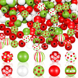240 Pcs Christmas Wooden Beads Bulk for Crafts, Red and Lime Green Round Spacer Polka Dot Peppermint Swirl Beads for Jewelry Mak