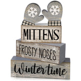 Lineshading 4 Pcs Christmas Table Decorations Wooden Gloves Decor Winter Tiered Tray Decor Rustic Snowflake Block Signs Gift Far