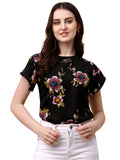 Wedani Women'S Casual Short Sleeves Round Neck Foral Regular Fit Top (Small Black-1),Black-1,S