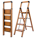BIBKOKE Step Ladder 4-Step Woodgrain Finish Aluminum Folding Step Ladders,Anti-Slip Max 330 lbs