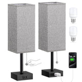 Grey Bedside Lamps for Bedroom Set of 2 - Small Nightstand Lamp with AC Outlet Charging Port, 3 Color Temperatures Rectangular D
