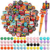 Tondiamo 90 Pcs Teacher Silicone Focal Beads Bulk and 15mm Silicone Beads Back to School Apple Pencils Charms for Beadable Keych