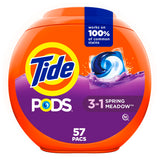 Tide PODS laundry detergent pacs, 3-in-1 Stain Remover, Odor Fighter, Color Protector, 57 Count, HE compatible, Spring Meadow Sc