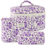 URSKYTOUS 3Pcs Cotton Quilted Makeup Bag for Women Girls Large Small Travel Portable Cosmetic Bag Set Cute Purple Floral Zipper