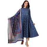 Anni Designer Women'S Rayon Viscose Anarkali Printed Kurta With Pant & Dupatta (Menon Blue_M_Blue_Medium),Blue,M