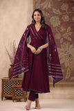 Anni Designer Women'S Rayon Blend Anarkali Solid Kurta With Pant & Dupatta (Nirmooha Wine-Vks01_M_Wine_Medium),Wine,M,,,