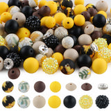 Sunrony 118Pcs Mixed Yellow Black Chocolate Acrylic Rhinestone Spacer Print Silicone Beads for Keychain Making and Necklace Brac