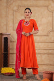 Gosriki Women'S Rayon Viscose Anarkali Leheriya Embroidered Kurta With Pant & Dupatta (Ustaad Orange-Gs_S_Orange_Small),Orange,,B0DX271N9S