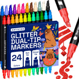 Artistro 24 Glossy Glitter Double Tip Painting Pens Glossy Acrylic Ink Markers for Stone, Ceramics, Wood, Fabric and More Po