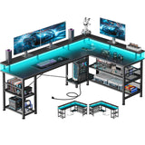 ODK 66 L Shaped Gaming Desk with Power Outlet and LED Lights, PC Gaming Table with Carbon Fiber Texture, Reversible L Shape Desk