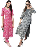 Gosriki Women'S Cotton Blend Printed Straight Kurta With Pant Pack Of 2 (Combo-Sachi-Azrak-Gs_L_Multi_Large) Multicolour,Multicolour,,B0CM9LCJ1S