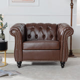 LEVNARY Leather Chesterfield Chair, Mid-Century Modern Single Sofa Chair, Tufted Upholstered Rolled Armchair for Home Bedroom Re