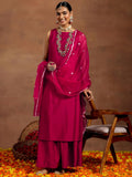 Libas Gerua Womens Solid Silk Blend Straight Kurta With Palazzos And Dupatta Pink L
