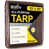 MultiPurpose Large Tarp Waterproof Cover | Brown, 10 x 10 5 Mil Thick | Rip Proof Tarps | Thick Weave Material, UV Resistant