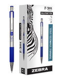 Zebra Pen F-301 Ballpoint Fine Point 0.7mm Stainless Steel Retractable Ballpoint 12-Pack - Easy-Glide Ink, Non-Slip Grip, Metal