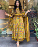 Anni Designer Women'S Rayon Blend Anarkali Printed Kurta With Pant & Dupatta & Dupatta (Cia Yellow_Xxl_Yellow_Xx-Large),Yellow,2XL,,,