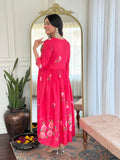 Anni Designer Women'S Rayon Viscose Printed Anarkali Kurta With Pant & Dupatta (Dilruba Rani-Vks01_S_Pink_Small),Pink,S,Rayon,Anarkali,