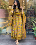 Anni Designer Women'S Rayon Blend Anarkali Printed Kurta With Pant & Dupatta & Dupatta (Cia Yellow_Xxl_Yellow_Xx-Large),Yellow,2XL,,,