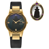 Citizen Ladies EcoDrive Disney Villians Evil Queen Gold Stainless Steel Case and Black Leather Strap Watch and Pin Gift Set, B