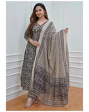 Anni Designer Women'S Cotton Blend Block Printed Straight Kurta With Pant & Dupatta (Nihira Cream_S_Black_Small),Black,S,Cotton Blend,Regular,