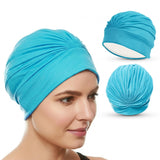 Beemo Swim Caps for Women Swimming Turban Polyester Latex Lined Pleated for Ladies - Turquise
