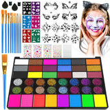 MULVINNIE 42 Colors Face Painting Kit, Non-Toxic Water Activated Face Paint Palette, Facepaint Makeup Kit with Brushes, Stencils