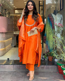 Gosriki Women'S Silk Blend Straight Embroidered Kurta With Pant & Dupatta (Deluxe Orange-Vks01-Gs_3Xl_Orange_Xxx-Large),Orange,3,B0DNKBFKFV