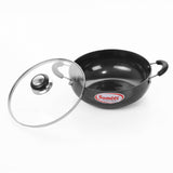 Sumeet Aluminium 3mm Hard Anodized Deep kadai with Glass Lid (17cm Dia. 750ML Capacity , Small Size No. 9 , Black )