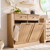 IFBUY Double Tilt Out Laundry Hamper Cabinet, 20 Gallon Farmhouse Trash Can Cabinet with Drawer, Hidden Wood Garbage Can Bin Cab