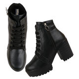 Shoetopia Women Black Zipper & Lace Up Block Heeled Boots,Black,6,B09NSHCKXP