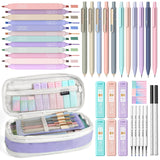 Nicpro 39 PCS Aesthetic School Supplies with Cute Purple Pencil Case, 12 Pastel Highlighters, 5 Quick Dry Black Ink Pens, 6 Mech